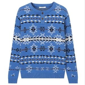 LE 31 X‎ SIMONS Henley Sweater Men's Sz Small Blue Aztec Knit Grunge Soft Cotton